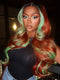 Dorsanee Copper Red Brown With Pastel Green Skunk Stripe Highlight Streaks 13x4 Lace Front Human Hair Wigs 200 Density