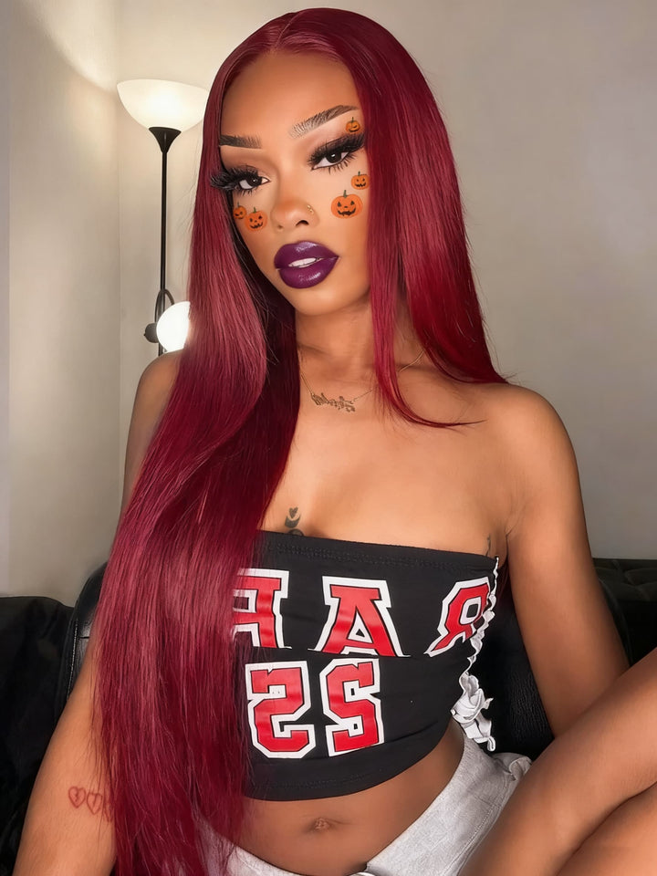 Dorsanee Halloween Cosplay 99J Burgundy Red 13x4 Lace Front Straight Human Hair Wigs