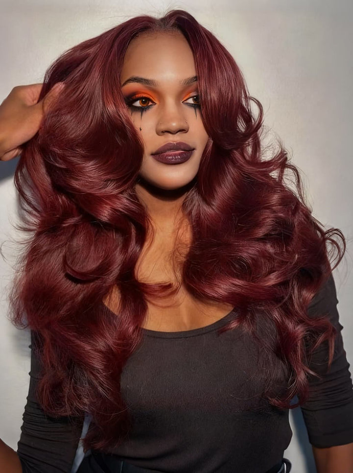 Dorsanee Halloween Cosplay 99J Burgundy Red Curtain Bangs 13x4 Lace Front Human Hair Wigs