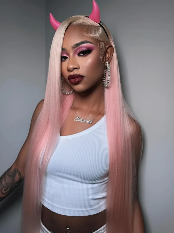 Dorsanee Halloween Cosplay Ombre Blonde Pastel Pink Straight 13x4 Lace Front Human Hair Wigs