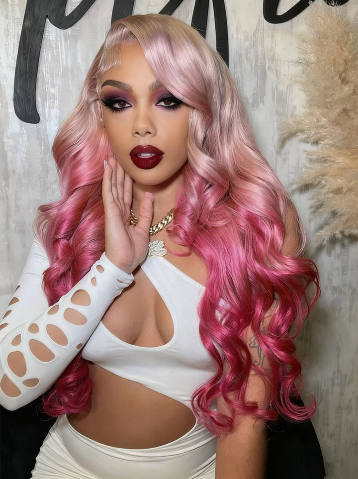 Dorsanee Halloween Cosplay Ombre Rose Blonde Pink 13x4 Lace Front Body Wave Human Hair Wigs