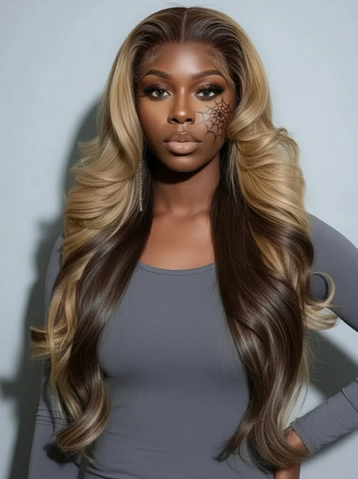 Dorsanee Halloween Cosplay Peekaboo honey Blonde Brown Dark Roots 13X4 Lace Front Human Hair Wigs