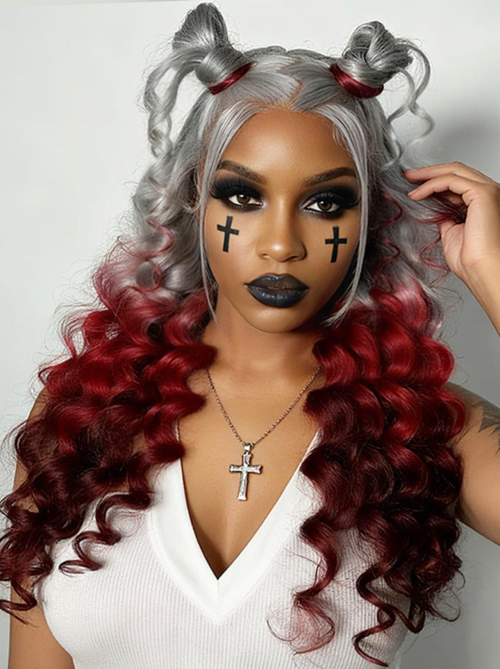 Dorsanee Halloween Cosplay Reverse Ombre Grey Red Burgundy 13x4 Lace Front Human Hair Wigs