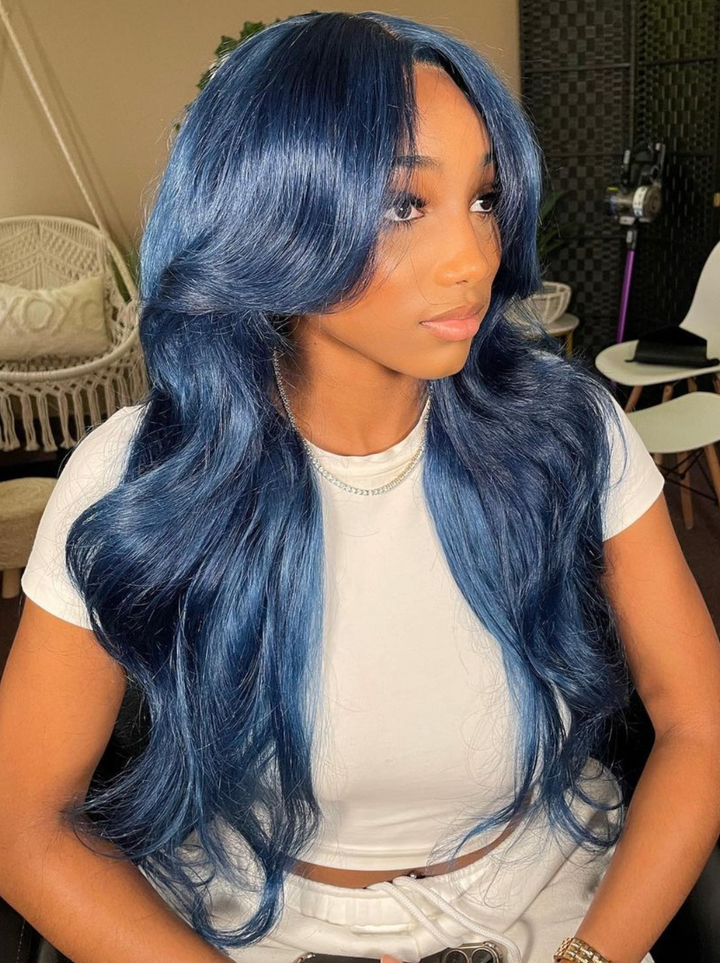 Dorsanee Deep Royal Blue Curtain Bangs 13x4 HD Lace Front Body Wave Human Hair Wigs