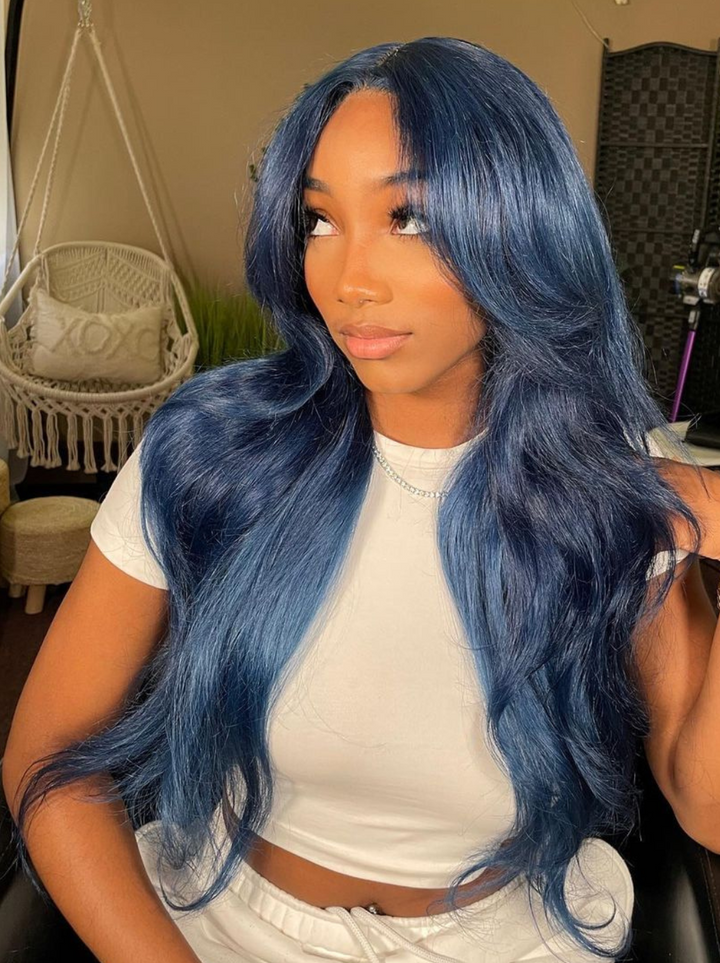 Dorsanee Deep Royal Blue Curtain Bangs 13x4 HD Lace Front Body Wave Human Hair Wigs