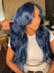 Dorsanee Deep Royal Blue Curtain Bangs 13x4 HD Lace Front Body Wave Human Hair Wigs