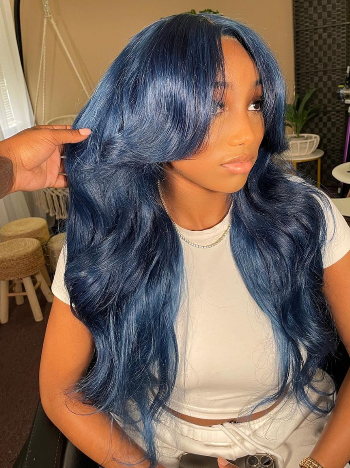 Dorsanee Deep Royal Blue Curtain Bangs 13x4 HD Lace Front Body Wave Human Hair Wigs