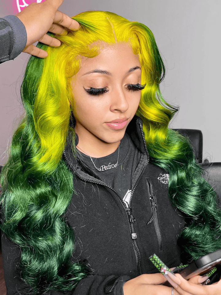Dorsanee Emerald Green Skunk Stripe Yellow Body Wave Lace Front Human Hair Wigs