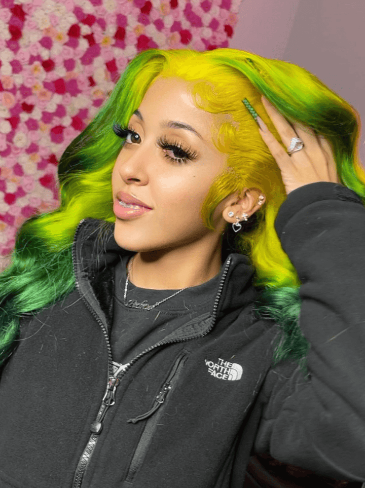 Dorsanee Emerald Green Skunk Stripe Yellow Body Wave Lace Front Human Hair Wigs