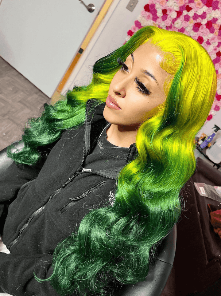 Dorsanee Emerald Green Skunk Stripe Yellow Body Wave Lace Front Human Hair Wigs