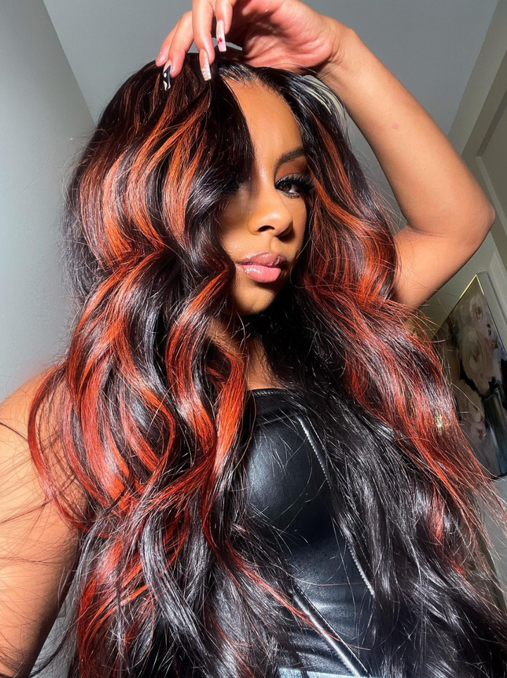 Dorsanee Ginger Orange on Black Highlight 13x4 HD Lace Front Body Wave Human Hair Wigs