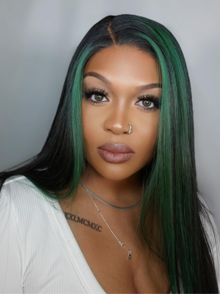 Dorsanee Black and Green Highlight Streaks 13x4 HD Lace Front Straight Human Hair Weave Wigs