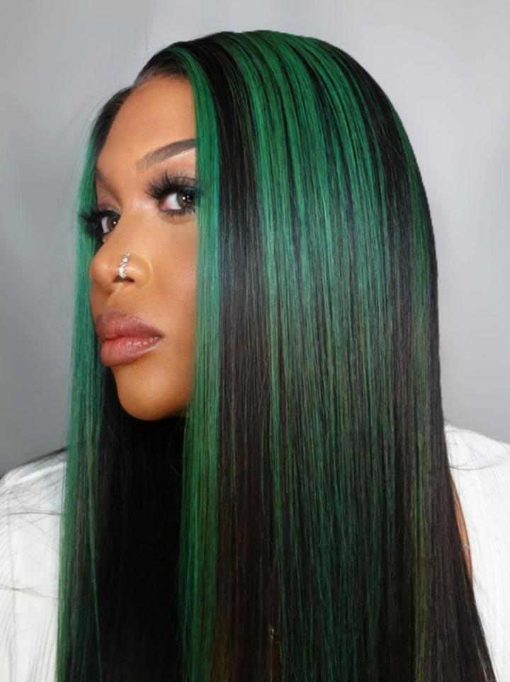 Dorsanee Black and Green Highlight Streaks 13x4 HD Lace Front Straight Human Hair Weave Wigs