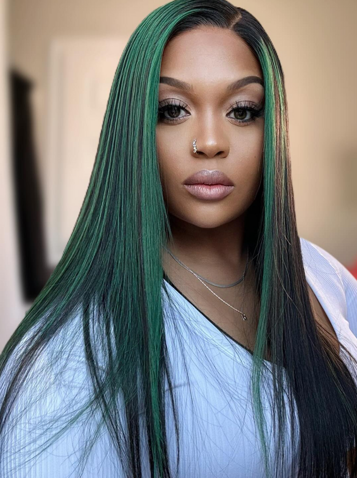 Dorsanee Black and Green Highlight Streaks 13x4 HD Lace Front Straight Human Hair Weave Wigs