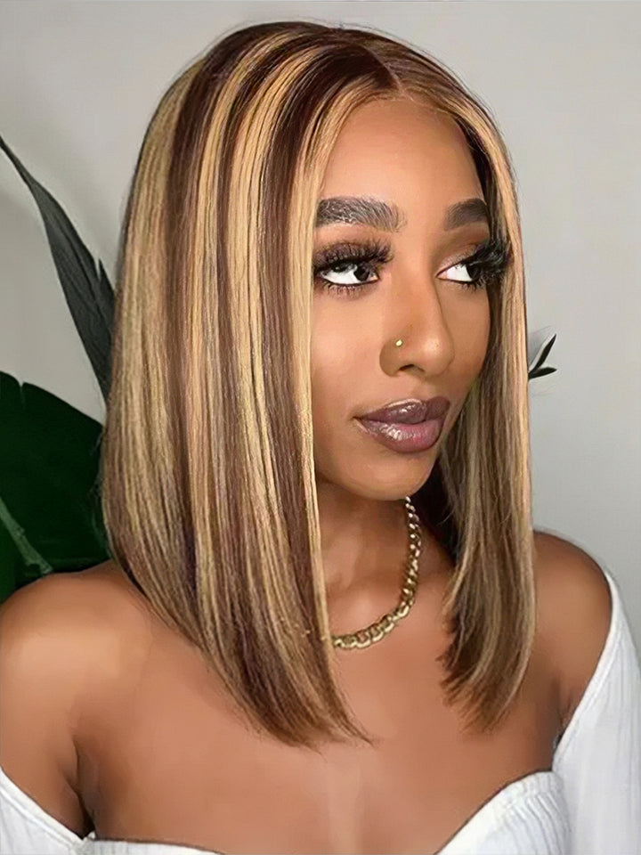 Dorsanee Hair Glueless Highlight Straight Short Bob Human Hair Wigs 6×4 Lace Closure Wig Per Cut