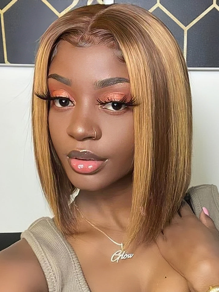 Dorsanee Hair Glueless Highlight Straight Short Bob Human Hair Wigs 6×4 Lace Wig Bleached Knots