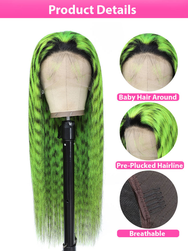 Dorsanee Hair Green With Black Straight 13x4 HD Lace Frontal Human Hair Wig Leopard Color Hair Wig