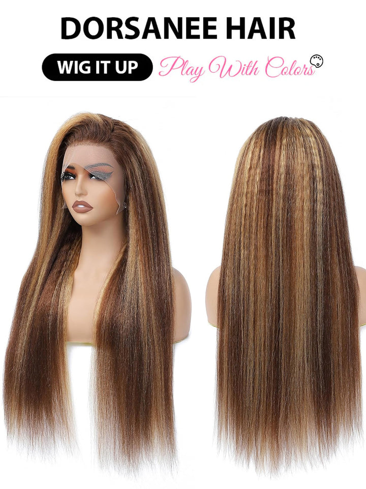 Dorsanee Hair Honey Blonde Highlight 13x4 Lace Frontal Kinky Straight Human Hair Wigs Popular Style For Women