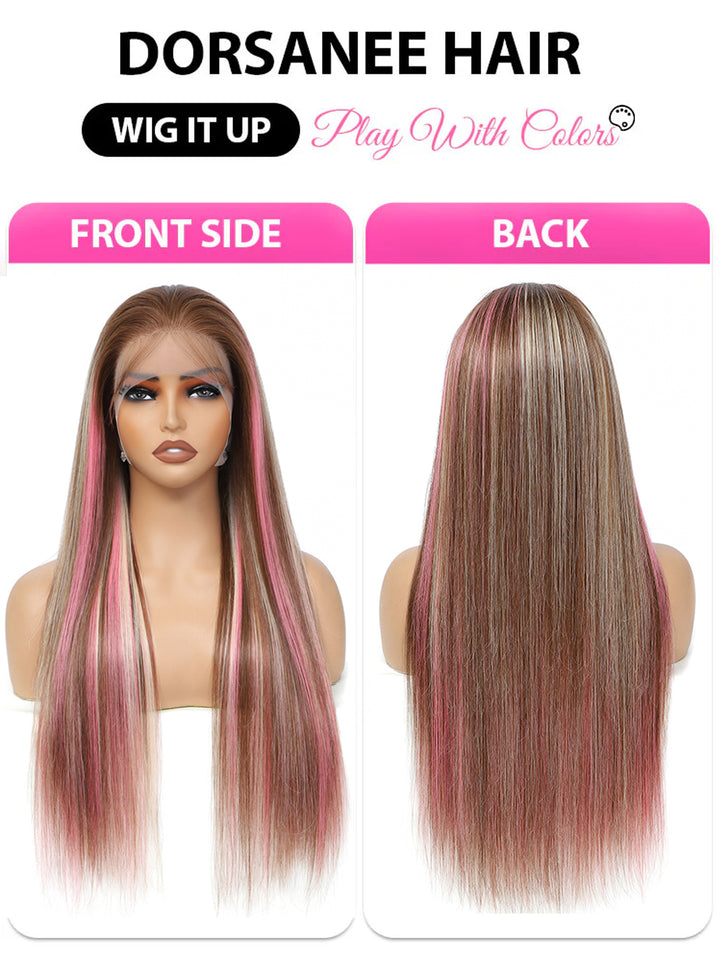 Dorsanee Hair Pink Highlights In Brown Hair Straight Wig With Blonde And Pink Highlights Human Hair Wig