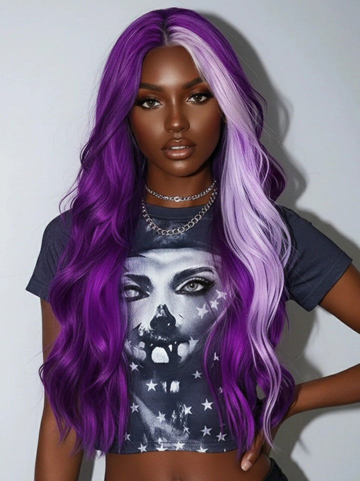 Dorsanee Halloween Cosplay Lavender Streak Purple 13x4 Lace Front Human Hair Wigs