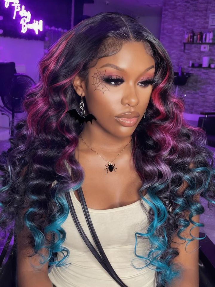 Dorsanee Halloween Cosplay Ombre Black With Red Blue Highlight Body Wave 13x4 Lace Front Hair Wig