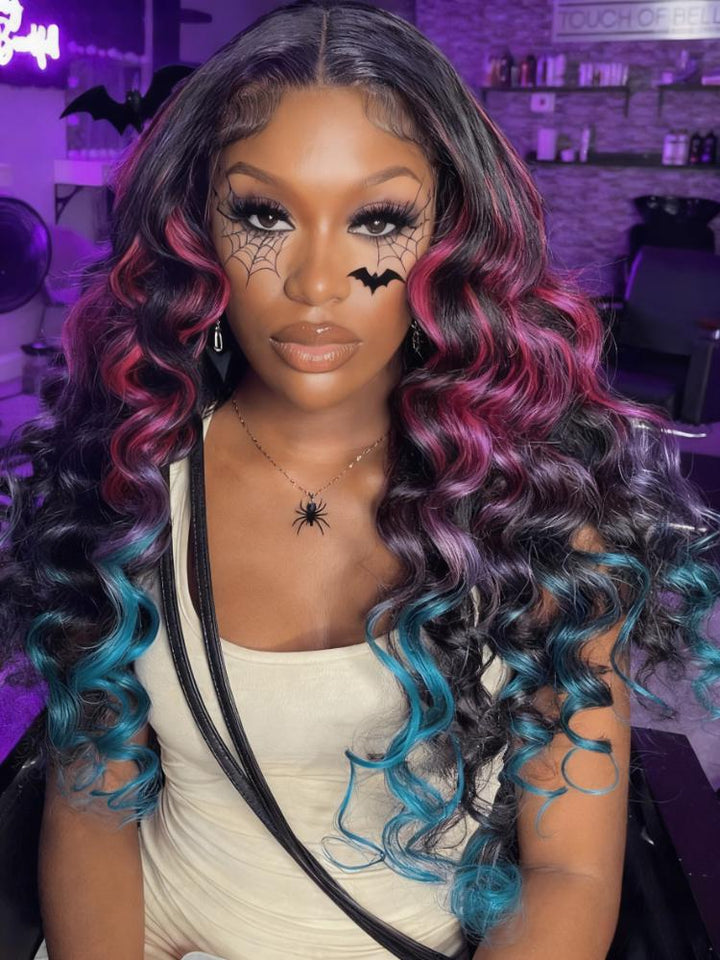 Dorsanee Halloween Cosplay Ombre Black With Red Blue Highlight Body Wave 13x4 Lace Front Hair Wig