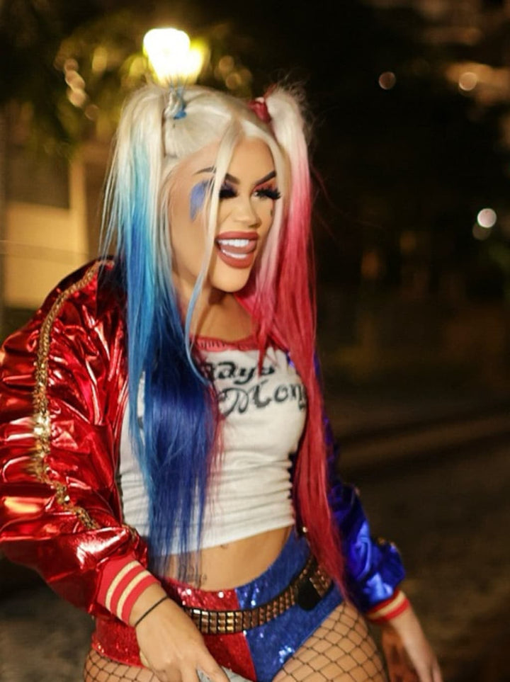 Dorsanee Halloween Cosplay Ombre Blonde Half Blue Half Burgundy Red 13x4 Lace Front Human Hair Wig