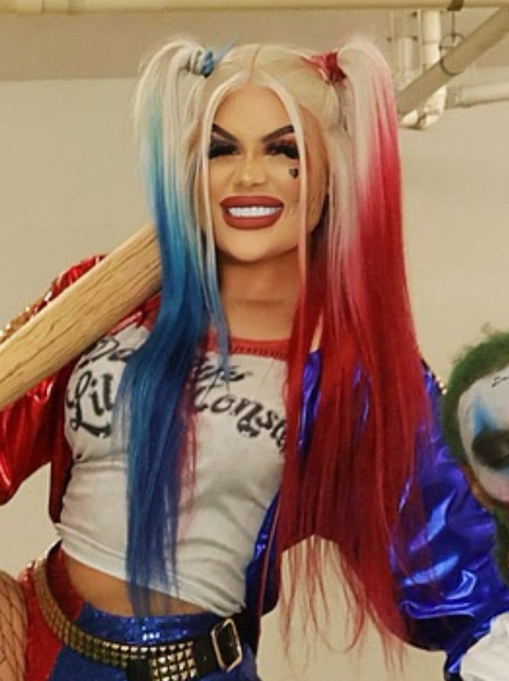 Dorsanee Halloween Cosplay Ombre Blonde Half Blue Half Burgundy Red 13x4 Lace Front Human Hair Wig