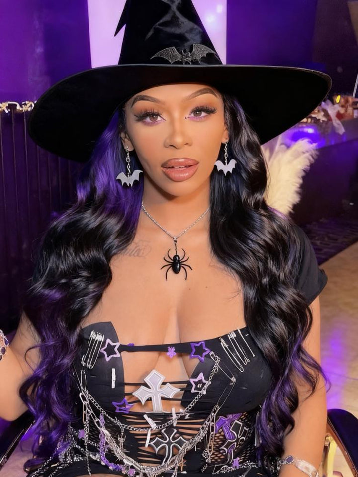 Dorsanee Halloween Cosplay Ombre Split Dye Black Purple Color 13x4 HD Lace Front Human Hair Wigs