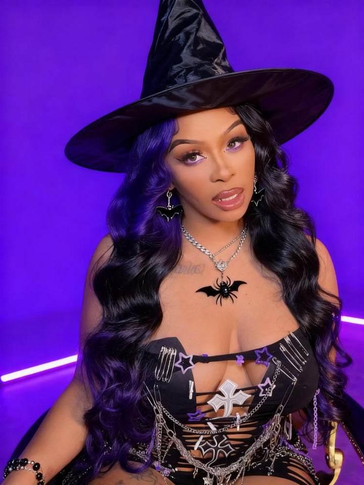 Dorsanee Halloween Cosplay Ombre Split Dye Black Purple Color 13x4 HD Lace Front Human Hair Wigs