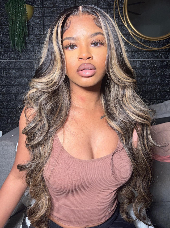 Dorsanee Honey Blonde Brown Highlight 13x4 Lace Front Body Wave Human Hair Wigs