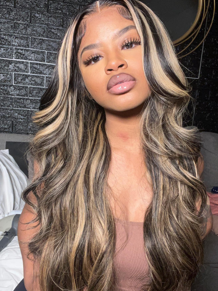 Dorsanee Honey Blonde Brown Highlight 13x4 Lace Front Body Wave Human Hair Wigs