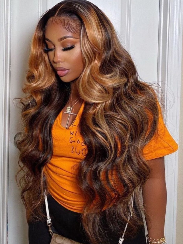 Dorsanee 250 Density Honey Blonde Brown Highlight Body Wave 13x4 Lace Front Human Hair Wigs