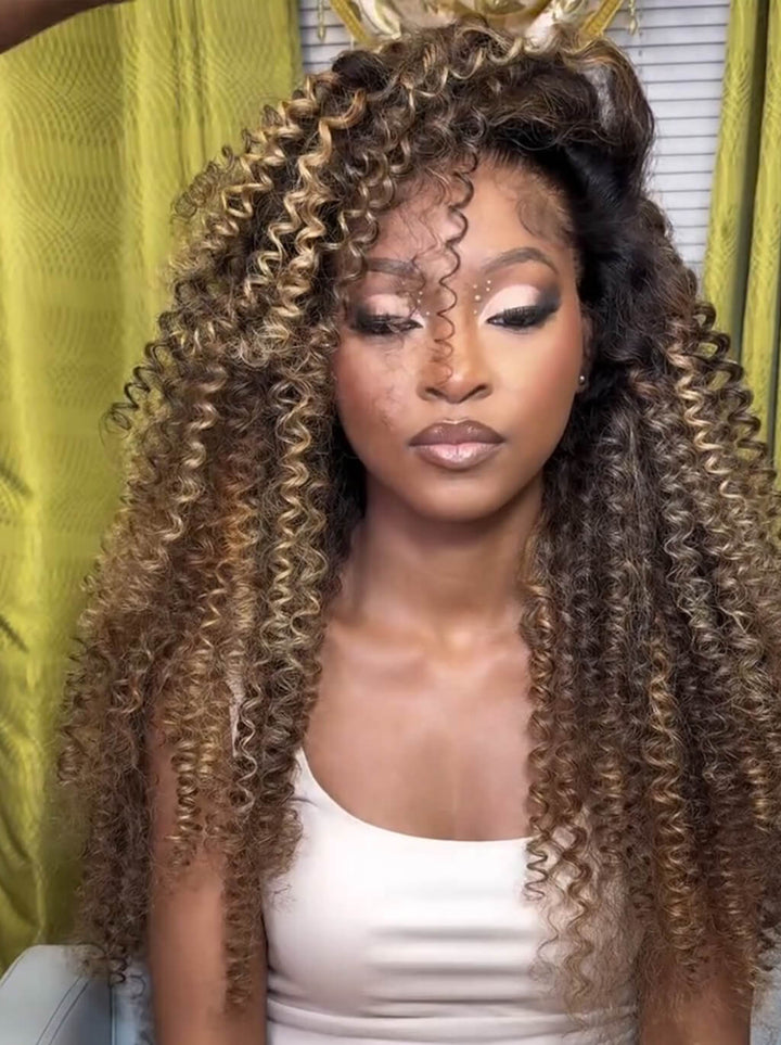 Dorsanee Honey Blonde Brown Highlights Tight Spiral Curls 13x4 Lace Front Virgin Human Hair Wigs