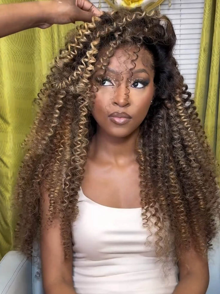 Dorsanee Honey Blonde Brown Highlights Tight Spiral Curls 13x4 Lace Front Virgin Human Hair Wigs