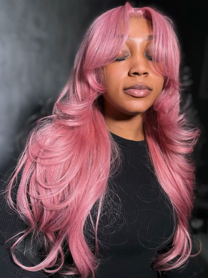 Dorsanee Hot Pink Curtain Bangs 13x4 Transparent Lace Front Human Hair Wig
