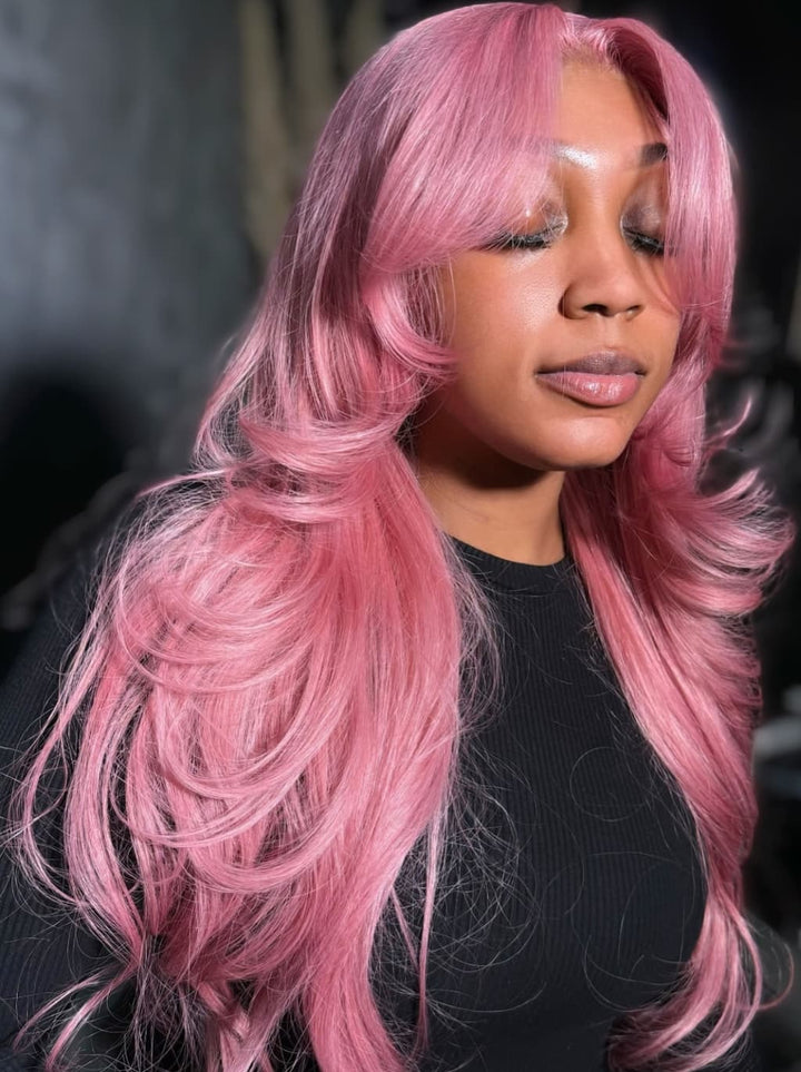 Dorsanee Hot Pink Curtain Bangs 13x4 Transparent Lace Front Human Hair Wig