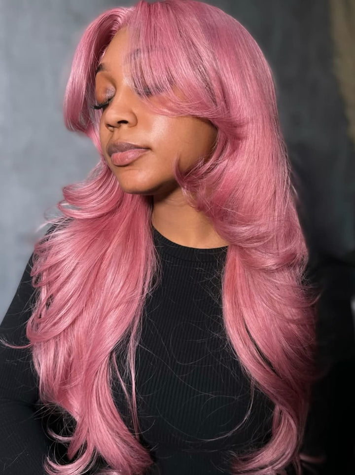 Dorsanee Hot Pink Curtain Bangs 13x4 Transparent Lace Front Human Hair Wig