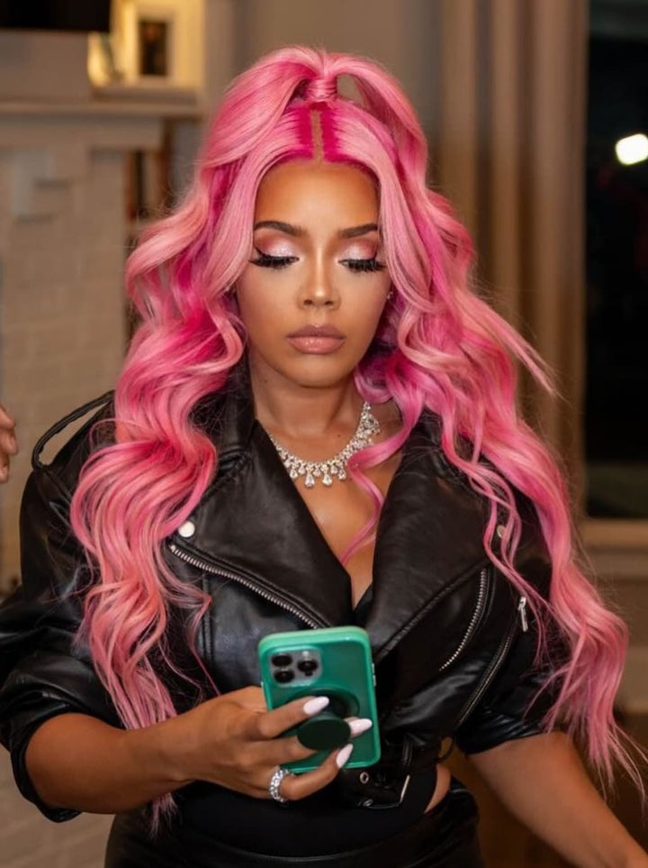 Dorsanee Hot Pink Wavy 13x4 Lace Front Virgin Human Hair Wigs 200 Density