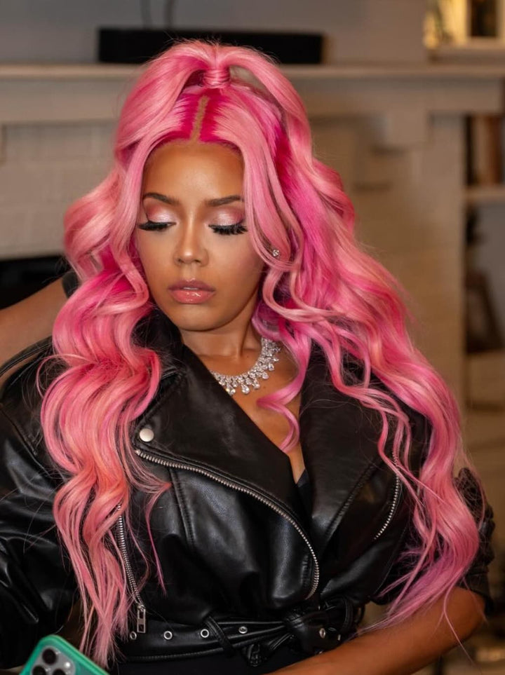 Dorsanee Hot Pink Wavy 13x4 Lace Front Virgin Human Hair Wigs 200 Density