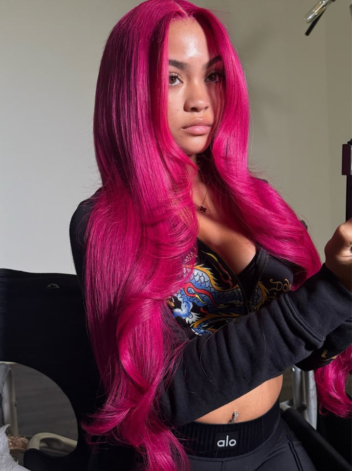 Dorsanee Hot Rose Pink 13x4 Lace Front Virgin Human Hair Wigs Wth Bangs