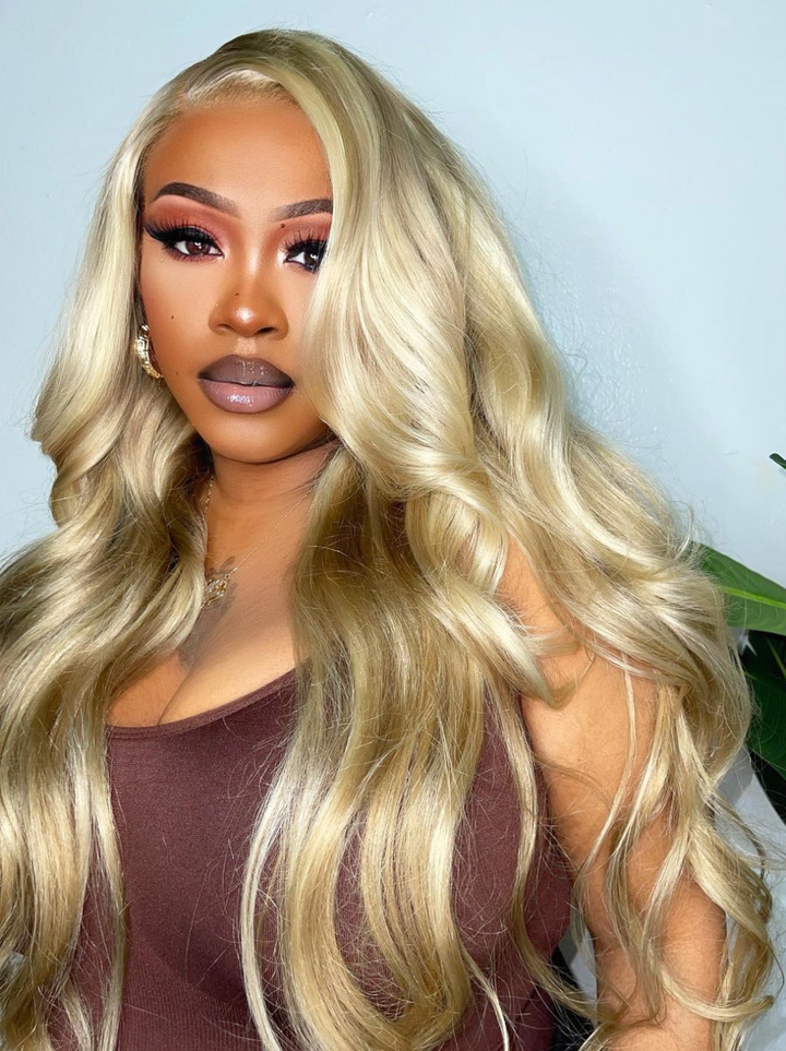 Dorsanee Platinum Strawberry Blonde Brown Highlights Body Wave 13x4 Lace Front Human Hair Weave Wigs