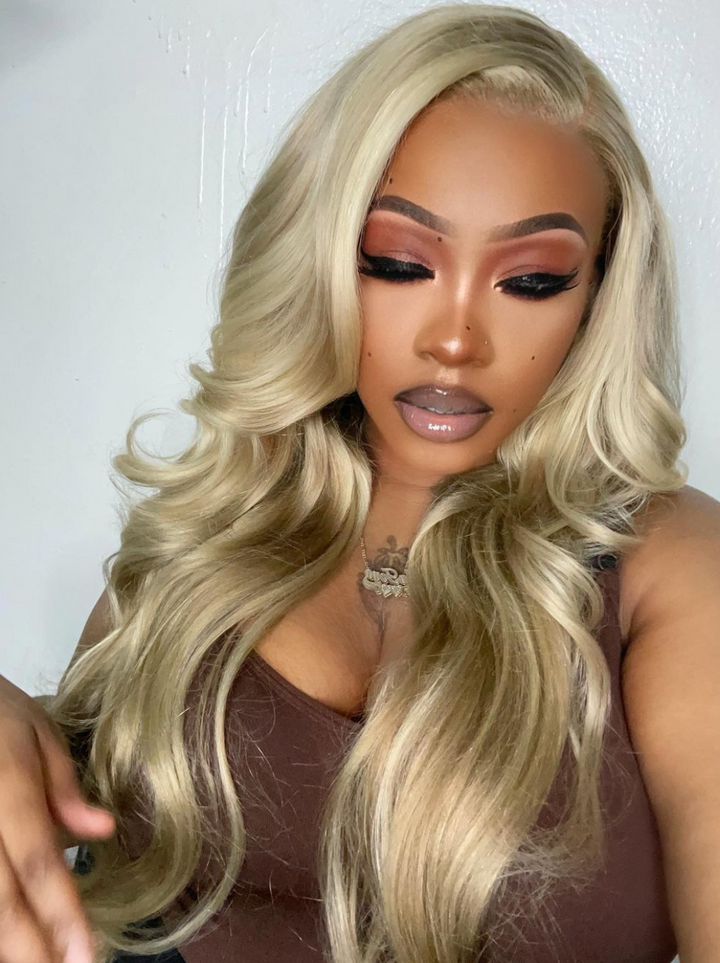 Dorsanee Platinum Strawberry Blonde Brown Highlights Body Wave 13x4 Lace Front Human Hair Weave Wigs