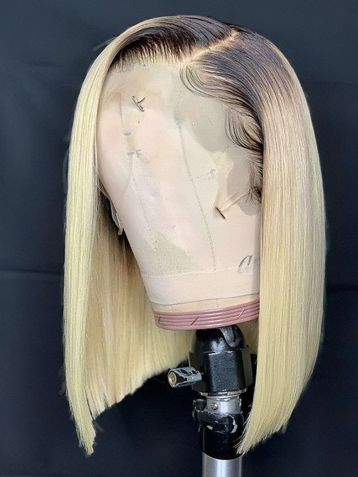 Dorsanee Ombre Blonde Dark Roots Short Bob Wigs 13x4 HD Transparent Lace Front Human Hair Wigs For Women