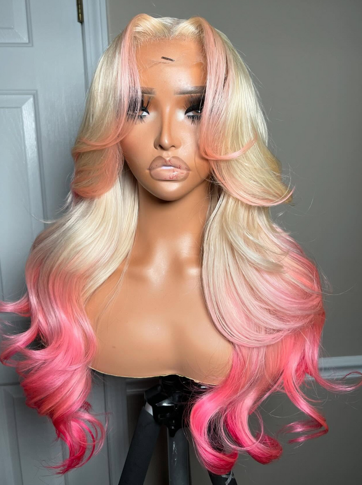 Dorsanee Ombre Blonde Pink Wig With Pink Skunk Stripe 13x4 Lace Front Human Hair Wigs