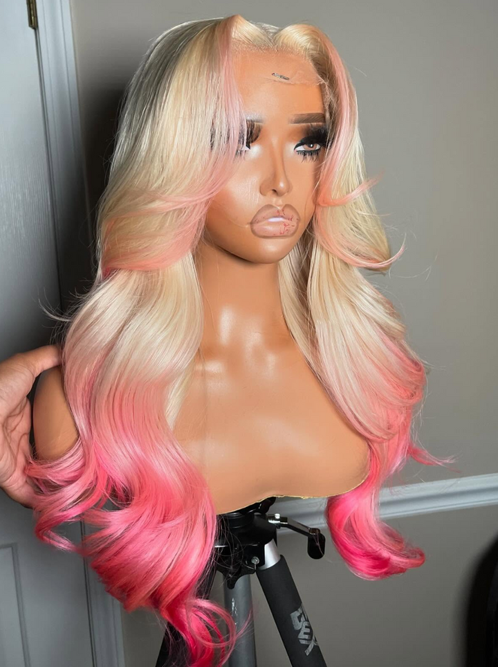 Dorsanee Ombre Blonde Pink Wig With Pink Skunk Stripe 13x4 Lace Front Human Hair Wigs
