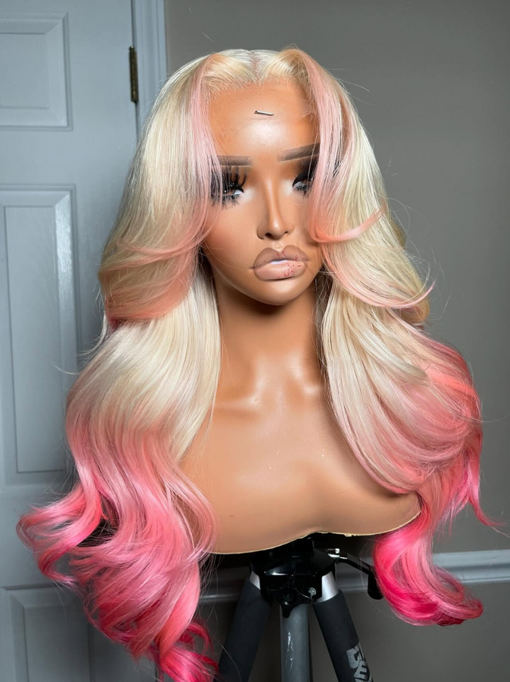 Dorsanee Ombre Blonde Pink Wig With Pink Skunk Stripe 13x4 Lace Front Human Hair Wigs