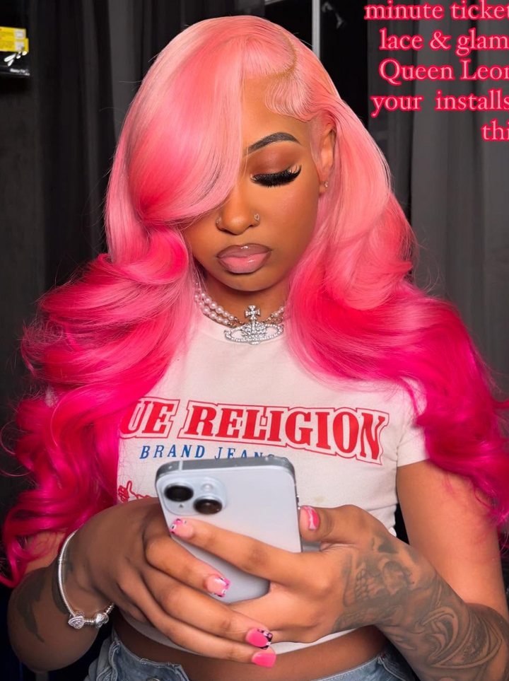 Dorsanee Ombre Cotton Candy Pink Dark Rose Pink Two Tone Color Human Hair Wig 200 Density 13x4 Lace Front Human Hair Wigs