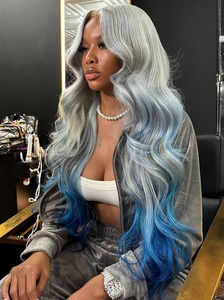 Dorsanee Ombre Gray Blue 200 Density 13x4 Lace Front Body Wave Human Hair Wigs