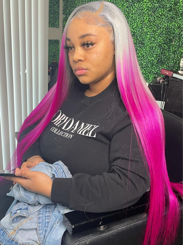 Dorsanee Ombre Gray Cranberry Violet Red two Tones 13x4 Lace Front Human Hair Wigs